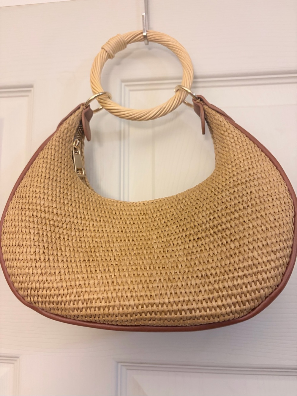 a new day Woven Straw Mini Bag with Round Wood Ring Handle in Brown and Natural